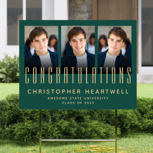 2026 3-Photo Green Gold Simple Congrats Grad Yard Sign