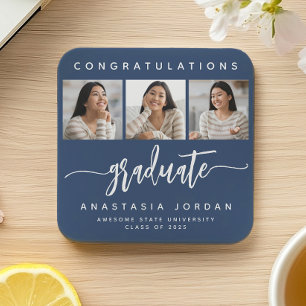 2026 3-Photo Navy Blue Congratulations Graduate Square Paper Coaster