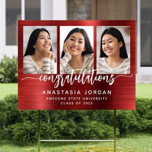 2026 3-Photo Red Brushed Metal Congrats Grad Yard Sign