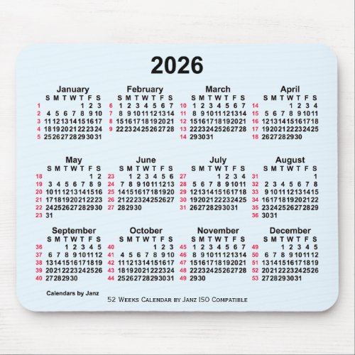 2026 Alice Blue 52 Weeks ISO Calendar by Janz Mouse Pad