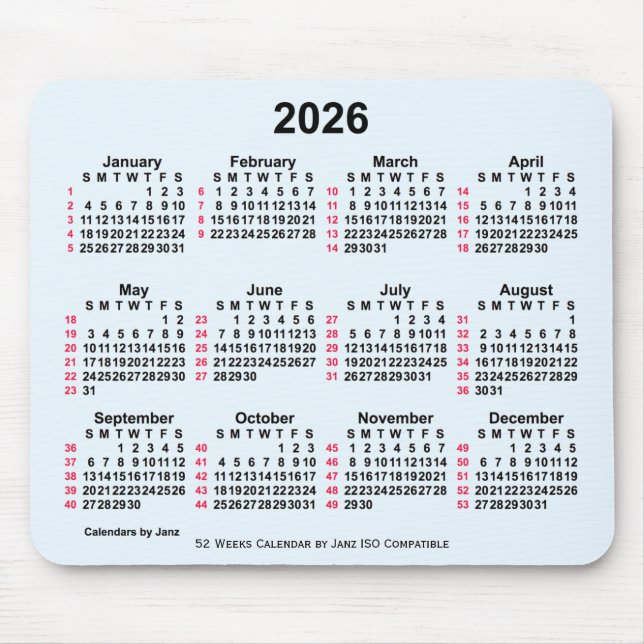 2026 Alice Blue 52 Weeks ISO Calendar by Janz Mouse Pad (Front)