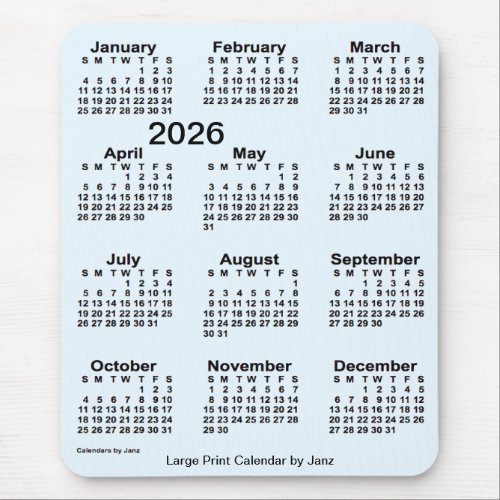 2026 Alice Blue Large Print Calendar by Janz Mouse Pad