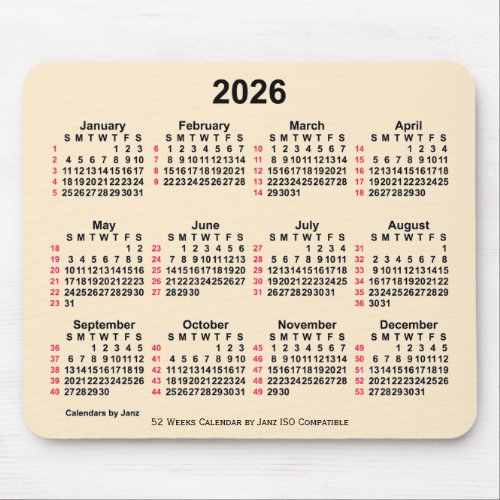 2026 Antique White 52 Weeks ISO Calendar by Janz Mouse Pad