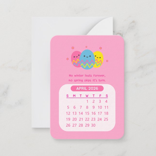 2026 April Monthly Kawaii Motivational Calendar Note Card (Front)