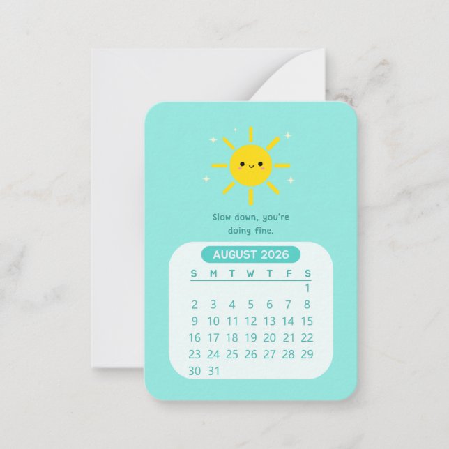 2026 August Monthly Kawaii Motivational Calendar Note Card (Front)