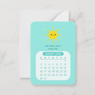 2026 August Monthly Kawaii Motivational Calendar Note Card