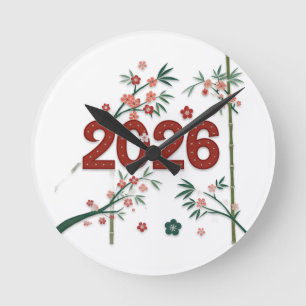 2026 Bamboo Numbers with Cherry Blossoms Round Clock