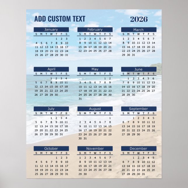 2026 Beach Calendar Poster with Custom Text        (Front)