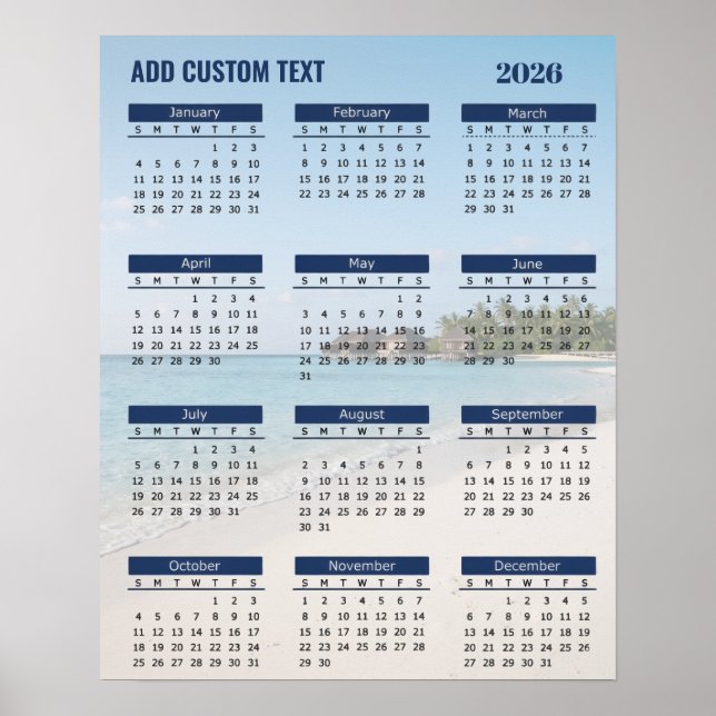 2026 Beach Calendar Poster with Custom Text        (Front)