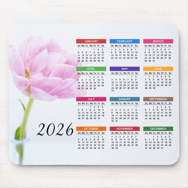 2026 Beautiful Pink Peony Floral Calendar Mouse Pad (Front)
