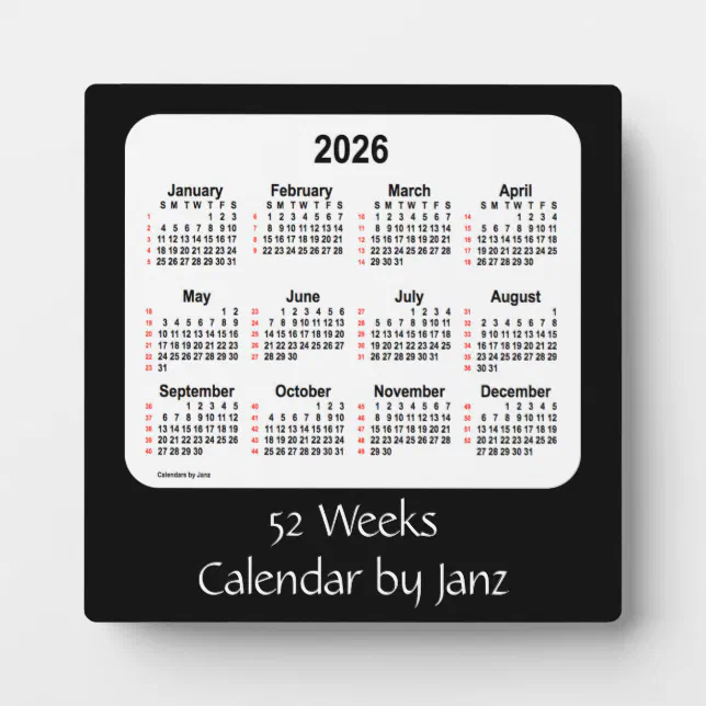 2026 Black 52 Weeks Calendar by Janz Plaque Zazzle