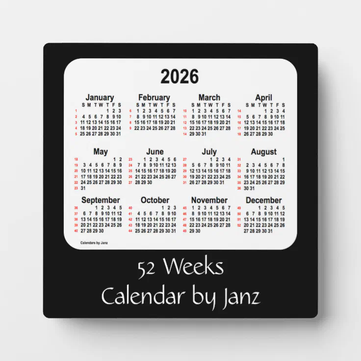 2026 Black 52 Weeks Calendar by Janz Plaque Zazzle