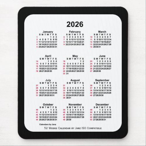 2026 Black 52 Weeks ISO Calendar by Janz Two Tone Mouse Pad