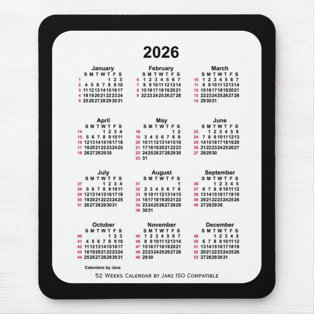 2026 Black 52 Weeks ISO Calendar by Janz Two Tone Mouse Pad (Front)