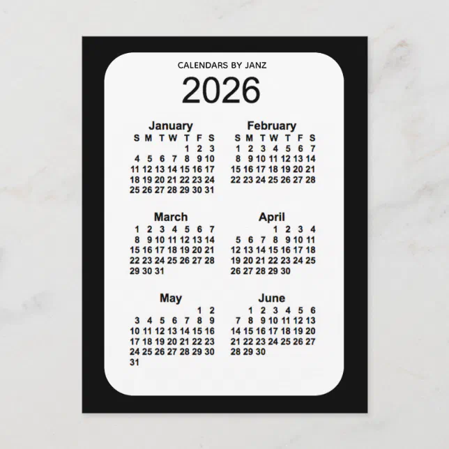 2026 Black 6 Month Mini Calendar by Janz Postcard | Zazzle