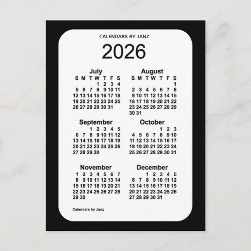 2026 Black 6 Month Mini Calendar by Janz Postcard