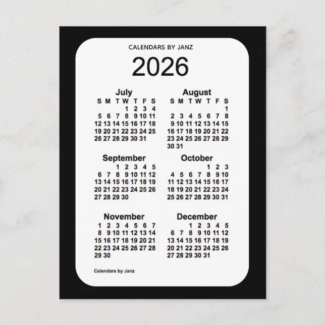 2026 Black 6 Month Mini Calendar by Janz Postcard | Zazzle