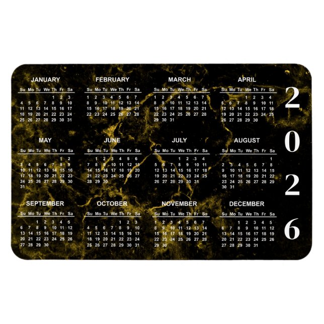 2026 Black and Gold Marble Calendar Magnet (Horizontal)