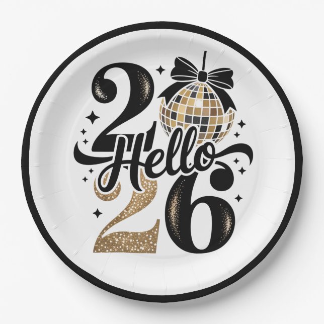 2026 Black And Gold New Year Paper Plates (Front)