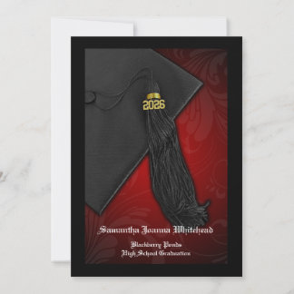 2026 Black and Red Tassel Charm 5x7 Graduation Invitation