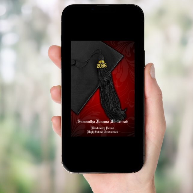2026 Black and Red Tassel Charm 5x7 Graduation Invitation (Front Digital)