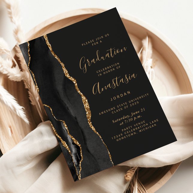 2026 Black Gold Agate Dark Graduation Invitation (Creator Uploaded)