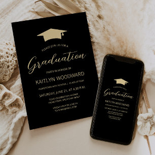 2026 Black Gold Cap Modern Graduation Party Invitation