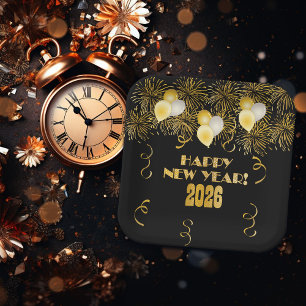 2026 Black Gold Glitter New Year's Eve Party Paper Plates