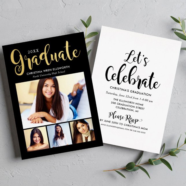 2026 Black Gold Graduate Photo Collage Foil Invitation (Creator Uploaded)