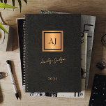 2026 Black gold monogrammed script name elegant Planner<br><div class="desc">Luxury exclusive looking name signature script and double monogram office or personal notebook featuring a faux copper metallic gold glitter square over a stylish black faux leather (PRINTED) background. Suitable for small business, corporate or independent business professionals, students, personal branding or stylists specialists, makeup artists or beauty salons, and boutique...</div>