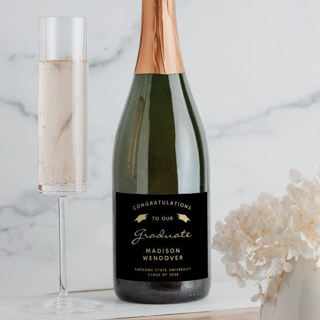 2026 Black Gold Script Cap Graduation Sparkling Wine Label (Creator Uploaded)
