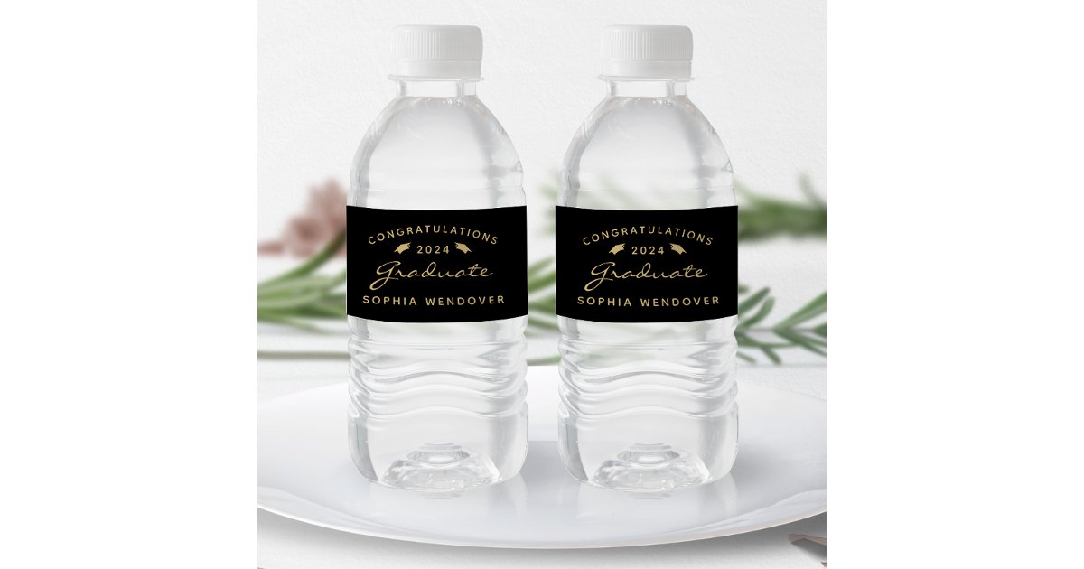 2026 Black Gold Script Cap Graduation Water Bottle Label | Zazzle