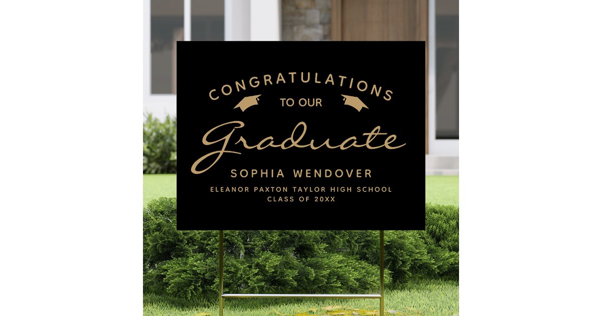 2026 Black Gold Script Cap Graduation Yard Sign | Zazzle