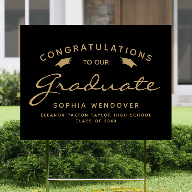2026 Black Gold Script Cap Graduation Yard Sign | Zazzle