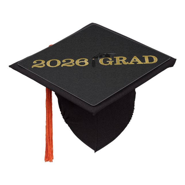 2026 BLACK Grad Cap on Black Damask with Gold Text (Angled)