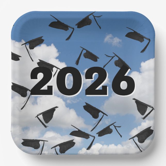 2026 Black Graduation Hats in Sky  Paper Plates (Front)