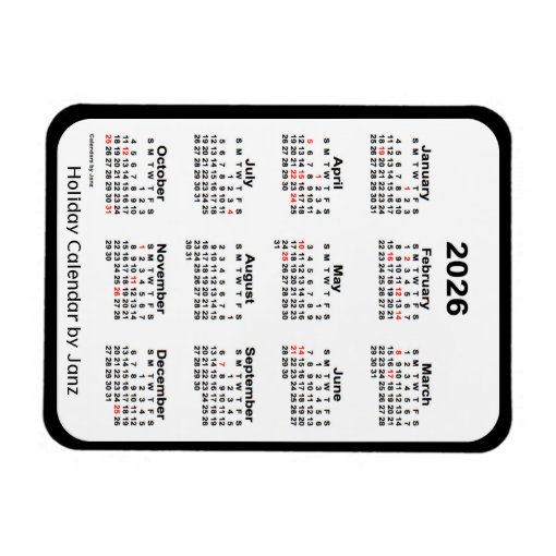 2026 Black Holiday Calendar by Janz Magnet | Zazzle