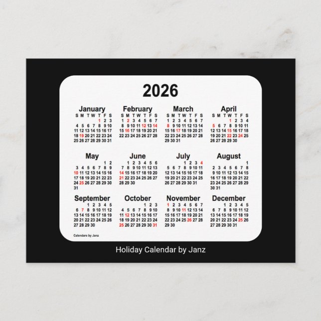 2026 Black Holiday Mini Calendar by Janz Postcard (Front)