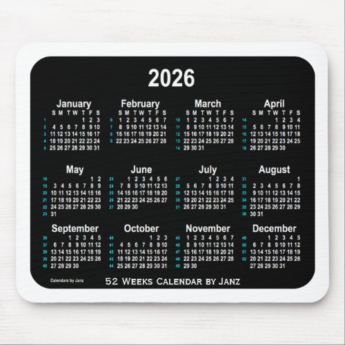 2026 Black Neon  52 Weeks Calendar by Janz Mouse Pad
