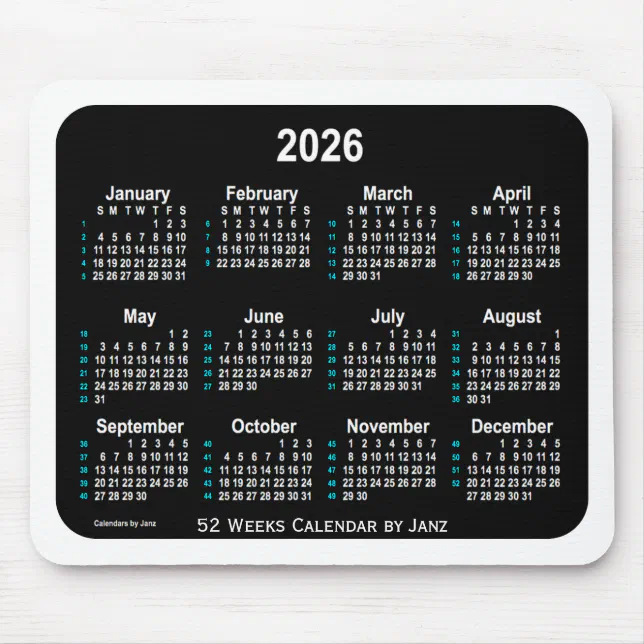 2026 Black Neon 52 Weeks Calendar by Janz Mouse Pad | Zazzle