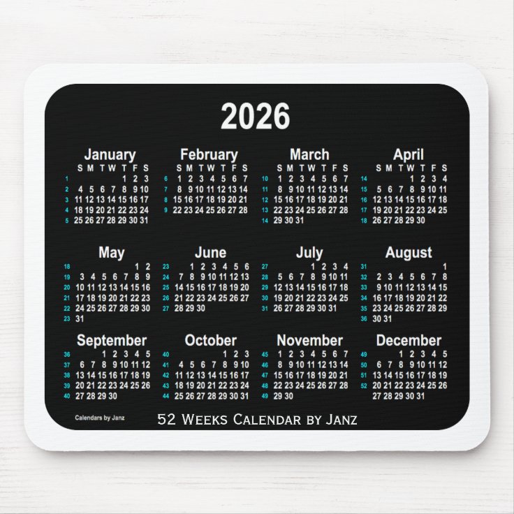 2026 Black Neon 52 Weeks Calendar by Janz Mouse Pad Zazzle