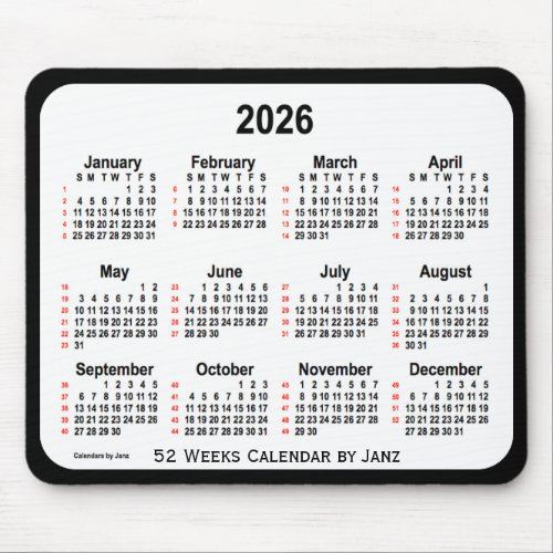 2026 Black Two Tone 52 Weeks Calendar by Janz Mouse Pad