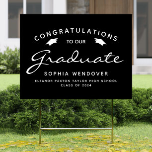 2026 Black White Script Cap Graduation Yard Sign