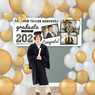 2026 Black White Sketch 3 Photo Collage Grad Party Banner