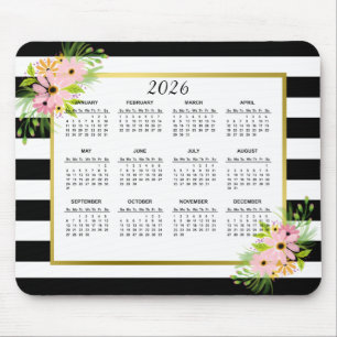 2026 Black White Striped Floral Gold Calendar Mouse Pad