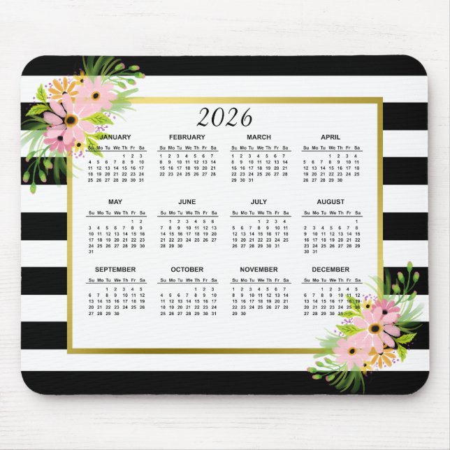 2026 Black White Striped Floral Gold Calendar Mouse Pad (Front)