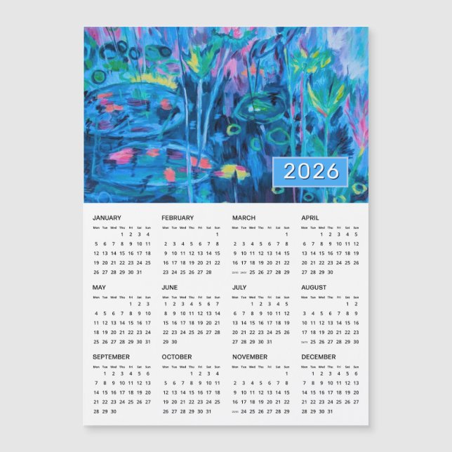 2026 Blue Floral Abstract Magnetic Calendar (Front)