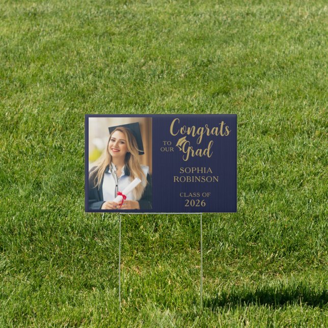 2026 Blue Gold Script Grad Photo Yard Sign (Insitu)