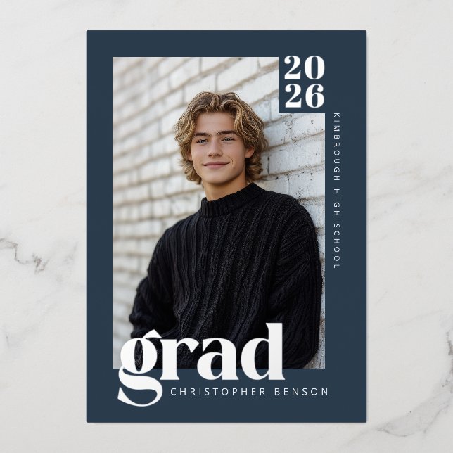 2026 Blue Graduate 4 Photo Graduation Silver Foil Invitation (Front)