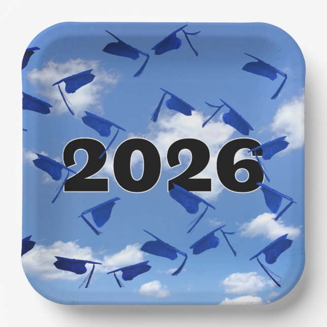 2026 Blue Graduation Caps in Sky   Paper Plates (Front)